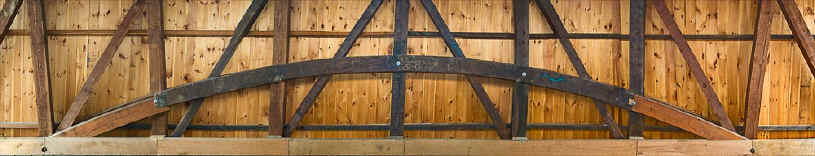 Panaramic of Burr Truss inside a covered bridge.